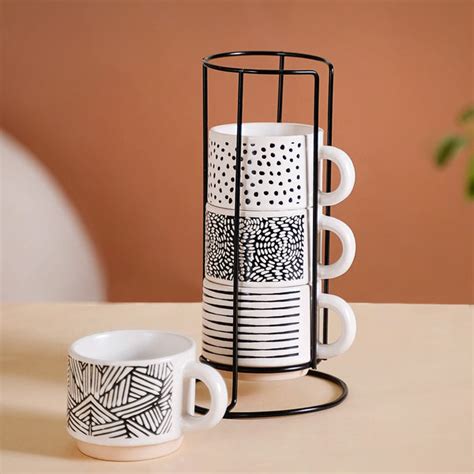 Stackable Premium Ceramic Cups With Stand - Set of 4 | Nestasia