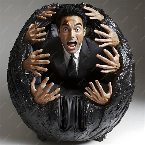 Stressed businessman trapped in a huge black ball Over grey background ...