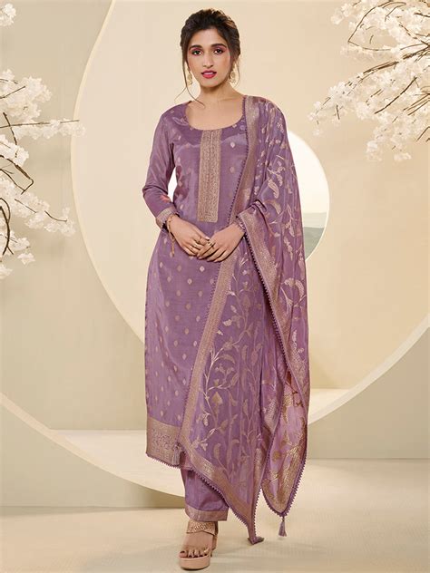 Wisteria Purple Muslin Jacquard Kurta Suit Set with Champagne Thread W ...