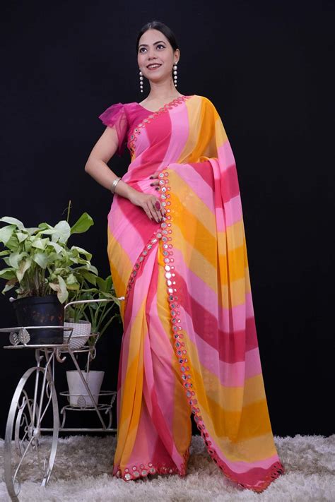 Stylish Yellow & Pink Leheriya Printed With Mirror Lace Border Wrap in ...