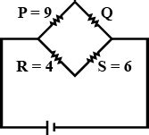In wheatstone's bridge P = 9 ohm, R = 4 ohm and S = 6 ohm. How much ...