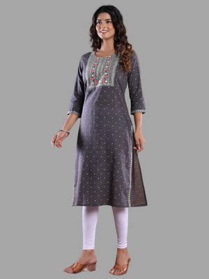 Buy RAISIN Womens Embroidered Printed Cotton Straight Grey Kurta Online