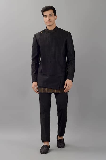 Buy Black Dupion Silk Hand Block Printed Pintucked Jodhpuri Jacket With ...