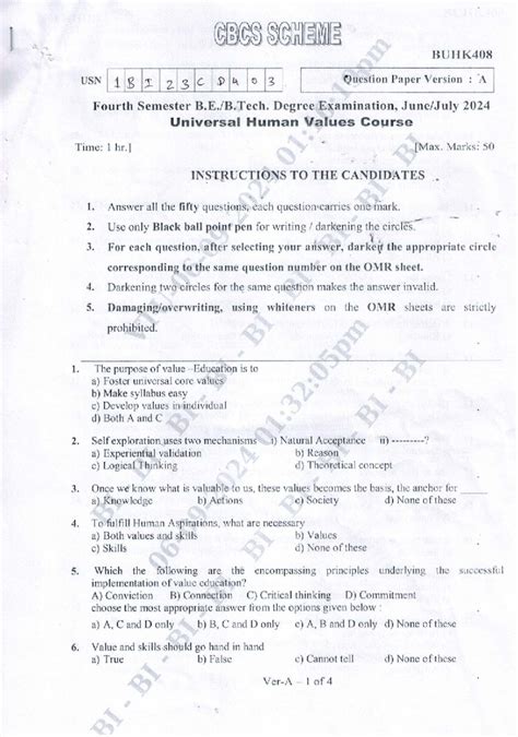 BUHK408 Fourth Semester Exam: Universal Human Values Question Paper A ...