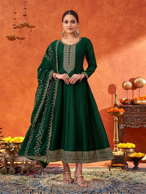 Women's Dark Green Silk Blend Sequence Embroidered Kurta and dupatta w