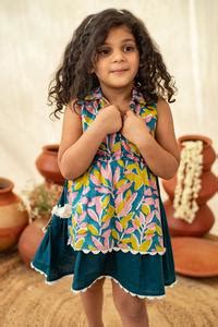 Buy Multi Color 100% Hand Block Cotton Leaf Tropical Dress For Girls by ...