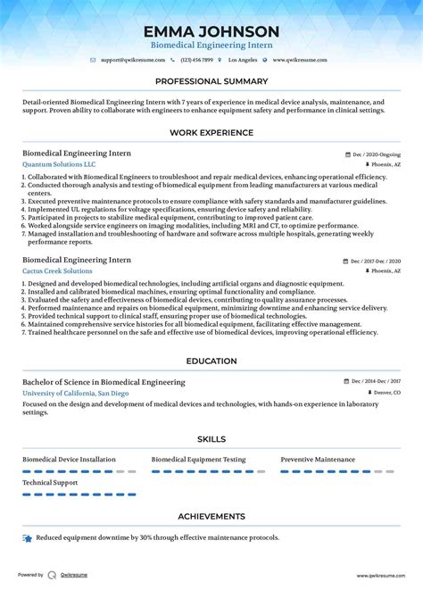 10+ Biomedical Engineering Intern Resume Samples & Templates for 2025