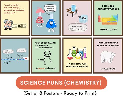 Set of 8 Funny Science Puns Posters, Chemistry Puns Posters, Science Jokes, Class Decor, Middle ...