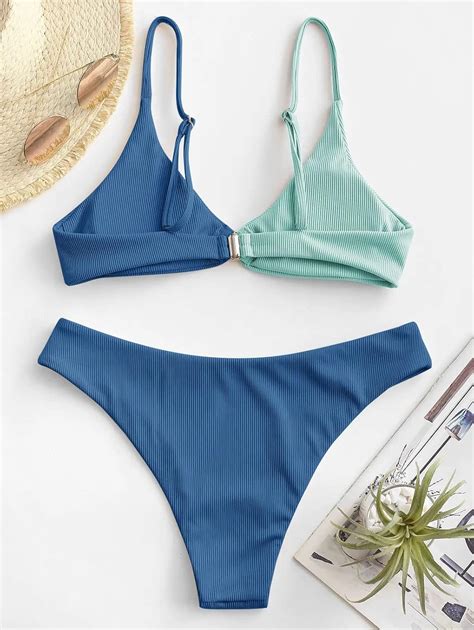 Buy ZAFUL Women's Ribbed O-Ring String Bikini Swimsuit Cheeky Thong ...