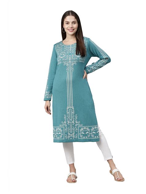 Neerus Blue Ethnic Woven Cotton Straight Kurti for Daily Wear Women ...