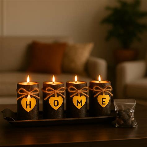 Rustic Decorative "HOME" Candle Set with Tray – Scented Pillar Candles