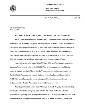 Fillable Online justice CPA PLEADS GUILTY TO SUBMITTING FALSE DOCUMENTS ...