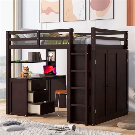 Buy Eafurn Full Loft Bed with Desk and Wardrobe, Solid Wood High Loft ...