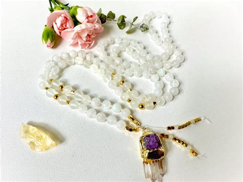 Buy Rainbow Moonstone Mala Necklace, Selenite Beads, Amethyst Guru ...