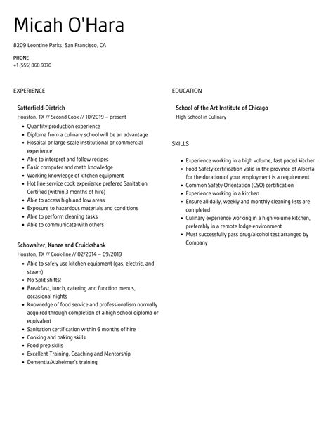 Image result for Cook Resume Sample