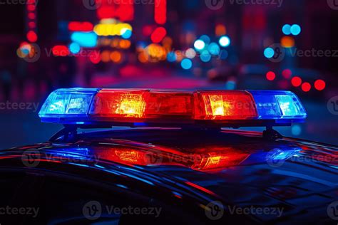Flashing red and blue emergency lights on police car roof at night ...