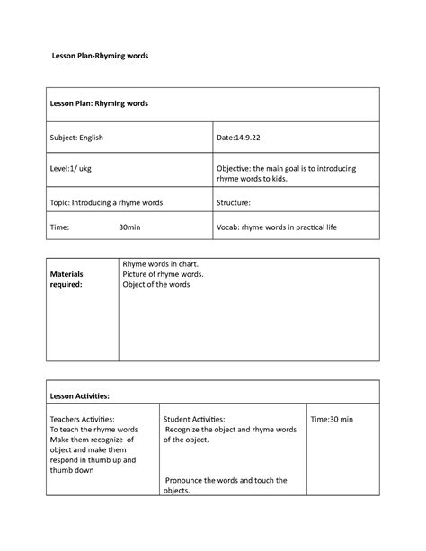 Lesson plan -rhyming - sample model plan - Lesson Plan-Rhyming words ...