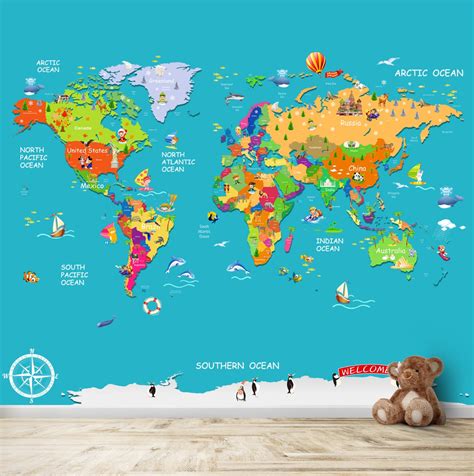 Blue Colourful World Map for Kids Room Walls | Life n Colors