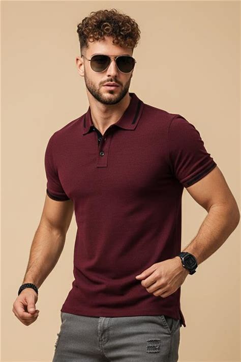 Maroon Pique Stripe Collar Regular Fit Tipping Polo T-shirt – Veirdo