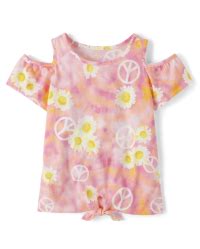 Girls Mix And Match Short Sleeves Print Cold Shoulder Tie-Front Top ...