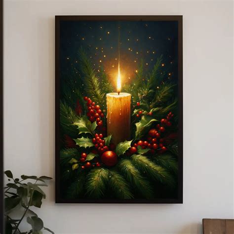 Christmas Oil Painting for Wall Decor, Candle Art on Canvas, Festive ...