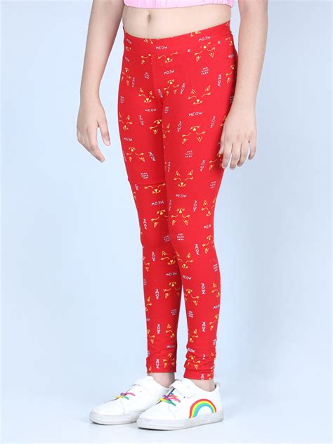 Girls Meow Printed Leggings with Flat Waistband- Red – Stylestone