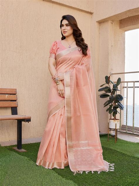 Soft Peach Soft Tissue Linen Silk Saree – Kalyanja