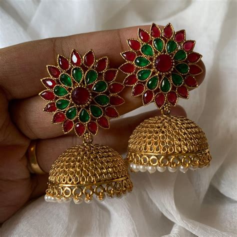 Shop Light Weight Flower Stud AD Jhumkas - Red & Green