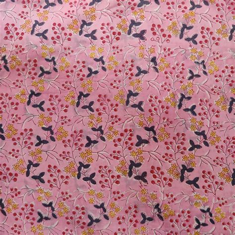 Pure Cotton Jaipuri Pink With Small Red And Yellow Fruit Jaal Hand Blo ...