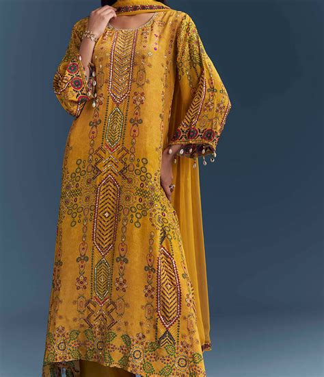 Yellow Pure natural crepe Aline suit length 47 with chiffon Dupatta an ...