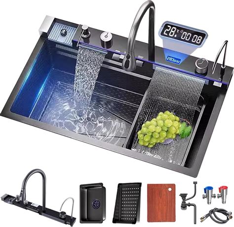 FIVIXIL Kitchen sink double waterfall sink with LED display with cup ...