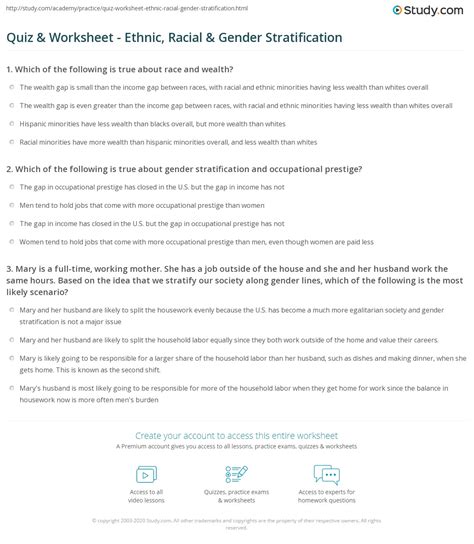Quiz & Worksheet - Ethnic, Racial & Gender Stratification | Study.com