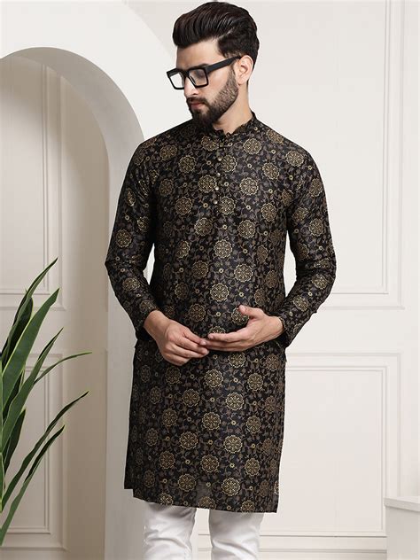 Men's Silk Blend Black Printed Long Kurta – Sojanya