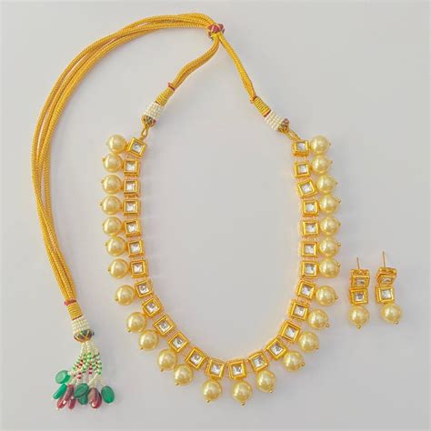 Kundan Square With Off White Pearl Necklace set For Women – OSR JEWELLERS