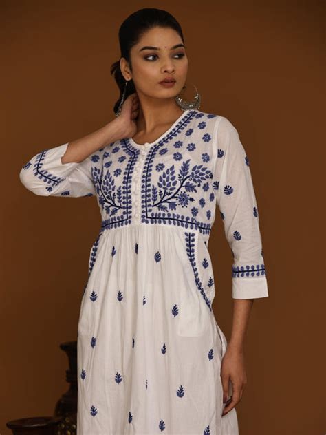 NOOR Chikankari Kurta With Pocket - White With Blue - House Of Kari ...