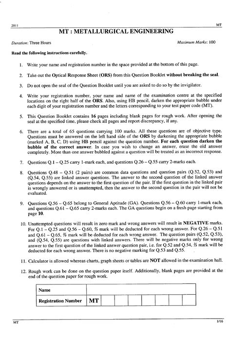 GATE MT 2011 Question Paper - Metallurgical and Materials Engineering ...