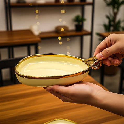 Elegant Cream Ceramic Deep Triangular Platter – Gold Rim & Hook Handle ...