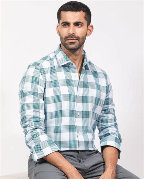Rare Rabbit Men's Ventura Light Blue Cotton Checked Print Regular Fit