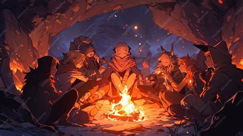 Anime characters sitting around a campfire in a cave generative ai ...