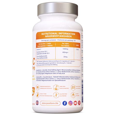 PureForm - Vitamin C 1000mg with Rosehip and Citrus Bioflavonoide - 120 ...
