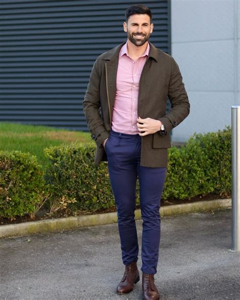 Olive Green Jacket with Pink Shirt and Blue Trousers | Hockerty