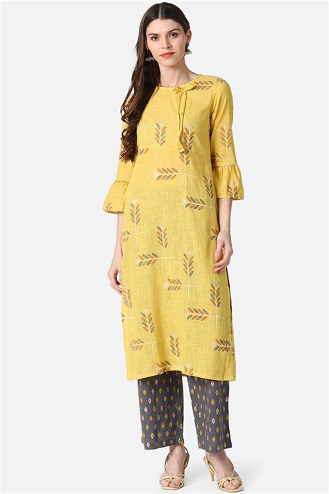 Yellow Cotton Ethnic Motifs Kurta Set VKSET1028 – Ahika