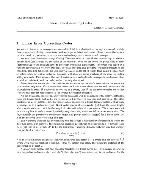 Hamming-code-notes - ntg - 18 lecture notes May 14, 2015 Linear Error ...
