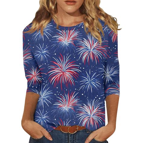 July 4th Shirts for Women Floral Print 3/4 Sleeve Tops Stitching ...