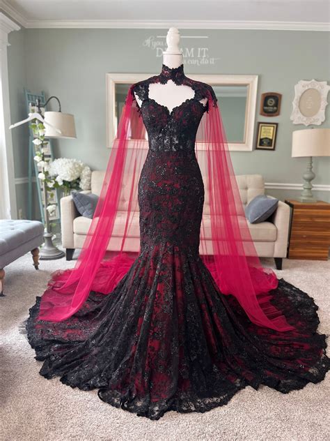 Black and Dark Red Wedding Dress with Cape | Brides & Tailor