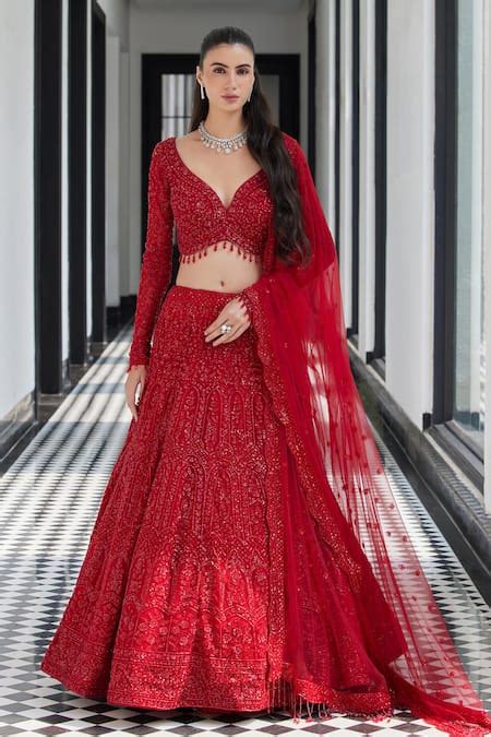 Buy Red Net Beads, Embroidery, Sequins, Cut Jharokha Floral Bridal ...