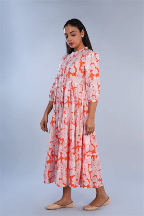 Coral pink Sanganeri block printed pure cotton Western long kurta ...