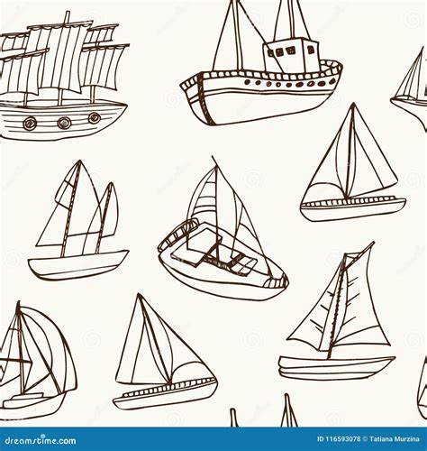 Sailing Ship Hand Drawn Doodle Seamless Pattern. Sketches. Vector ...