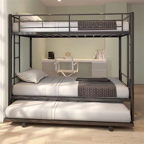 Amazon.com: EMKK Twin Over Twin Bunk Bed with Trundle,Metal Triple Bunk Beds w/Two Side Ladders ...