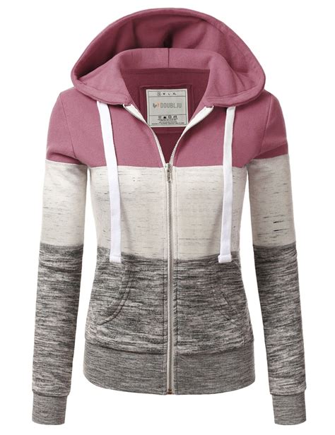 Doublju Women's 3 Color Block Pocket Zip-Up Hoodie Jacket for Women ...